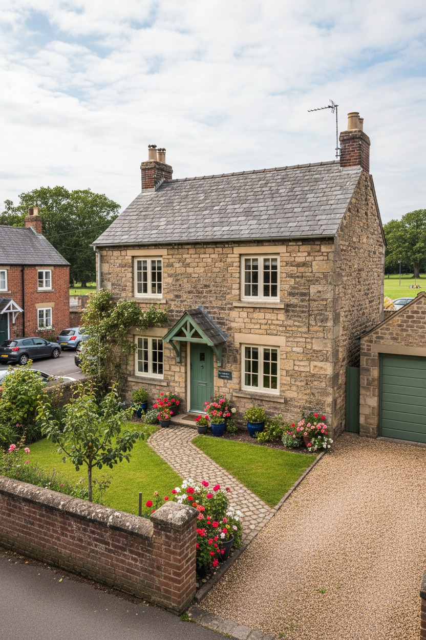 A two-story stone cottage with a green front door and a cobblestone path leading through a flower-filled garden.
